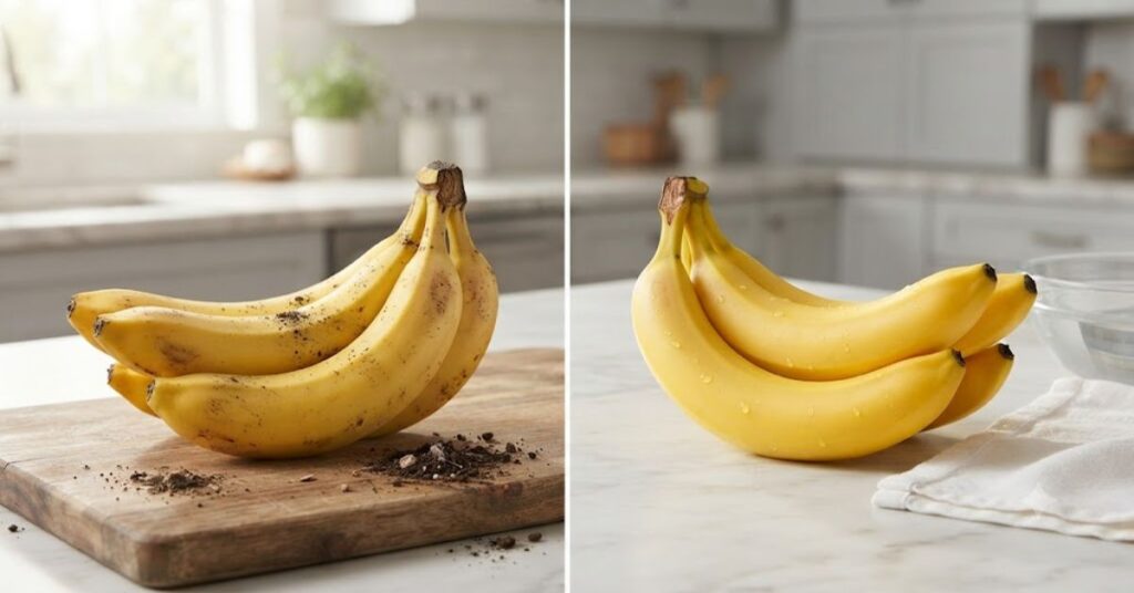 Comparison between unwashed and clean bananas for better food hygiene.