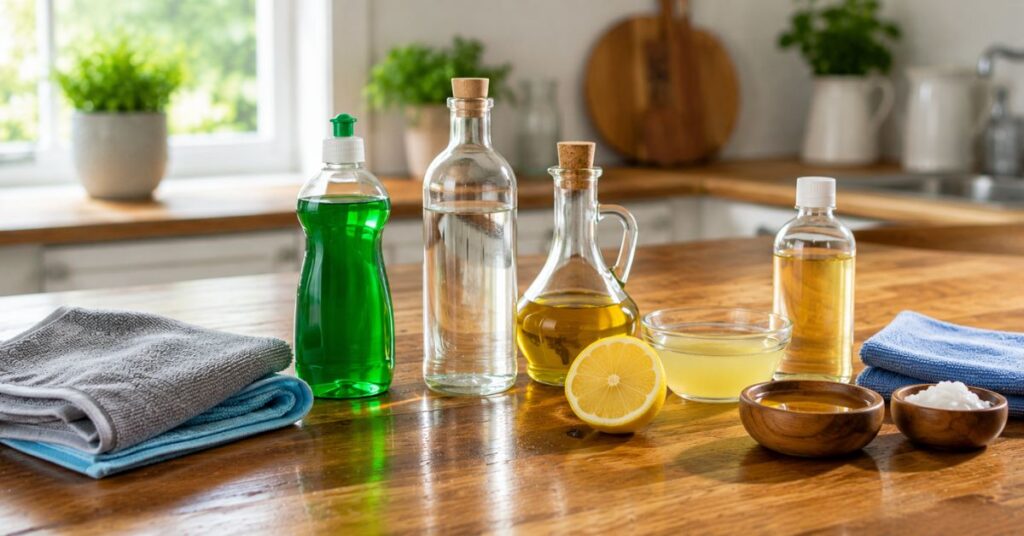 Natural homemade ingredients for cleaning wooden furniture.