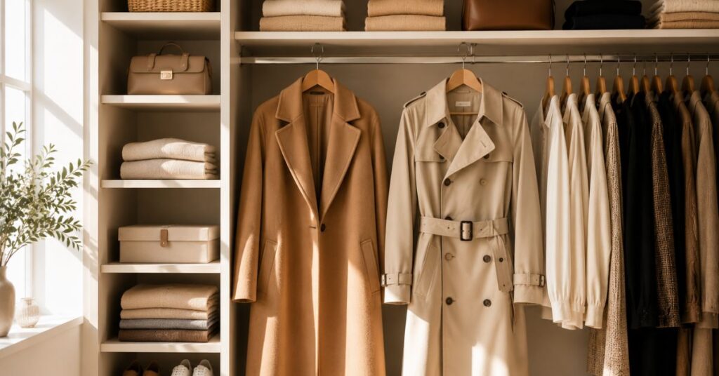 Neutral wool coats and trench coats hanging inside a tidy closet.
