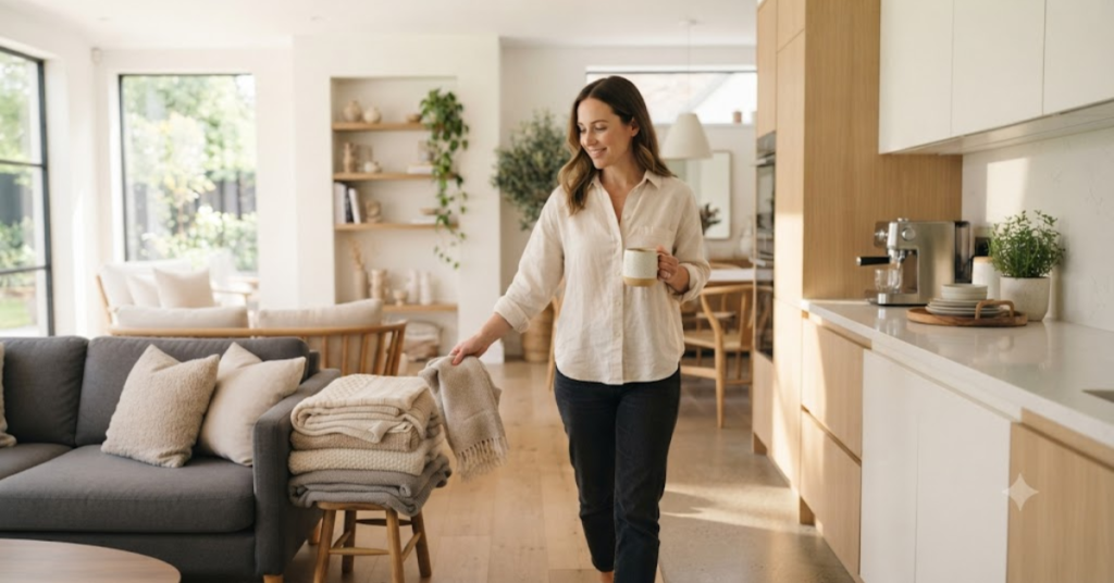 Person carrying a coffee mug from the living room to the kitchen as part of a daily cleaning routine.