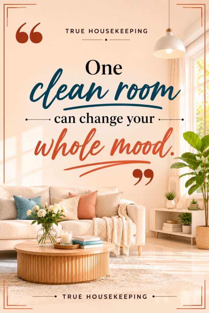 One clean room can change your whole mood quote displayed in a bright, tidy modern room with a clean, organized, and peaceful interior.