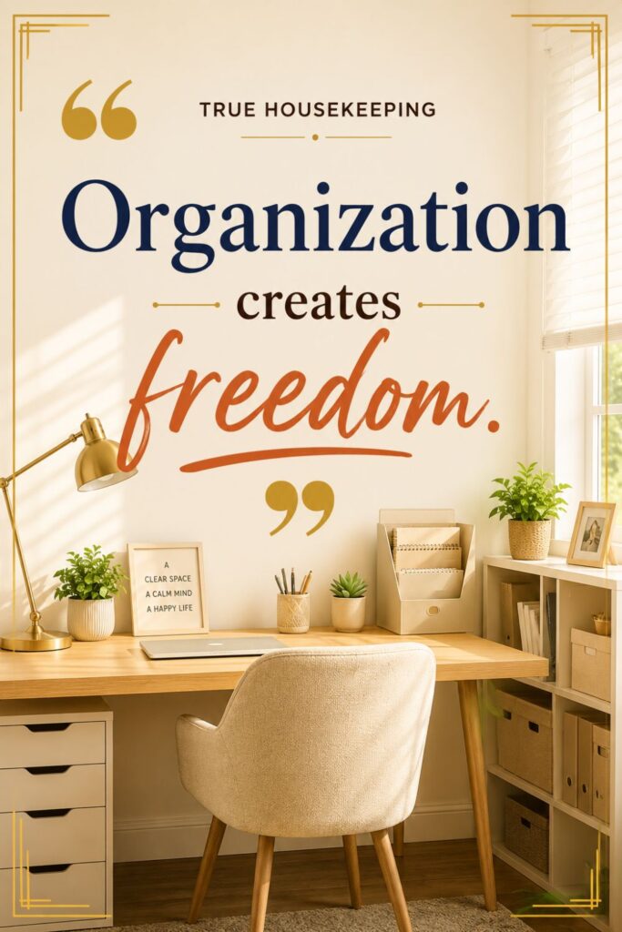 A well-organized and clean home with neatly arranged items showing that organization creates freedom and helps maintain a peaceful living space. "Organization creates freedom."