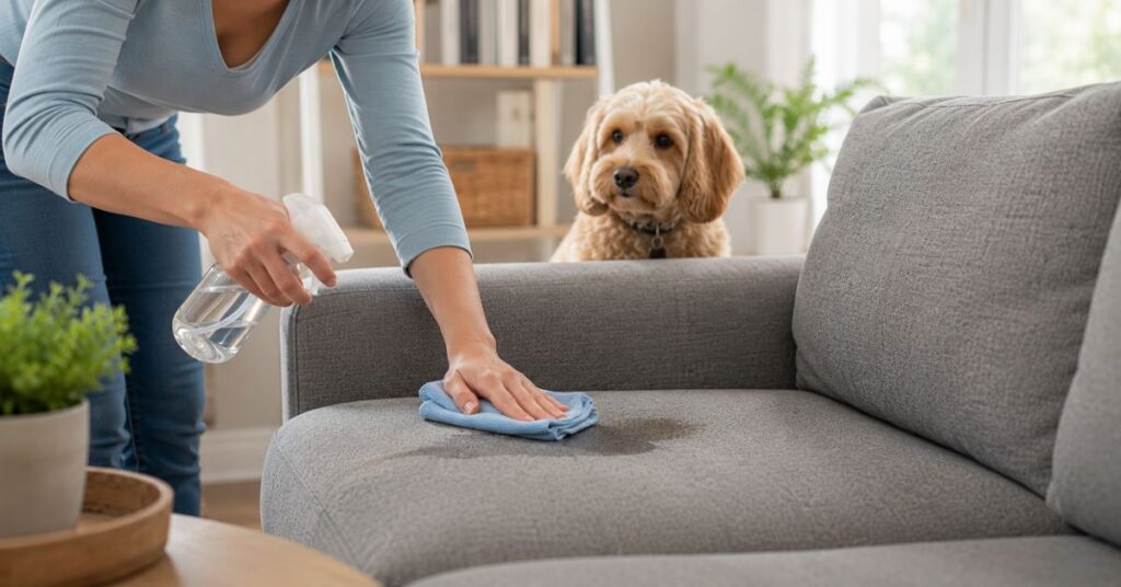 Cleaning pet stains from a fabric sofa with natural cleaning solution