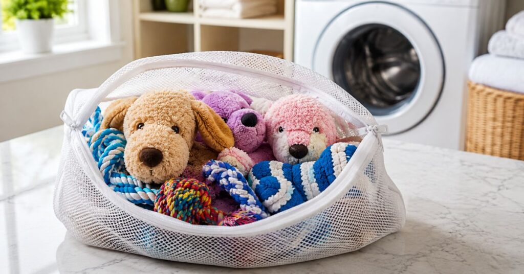 Dog toys inside a mesh laundry bag before machine washing.