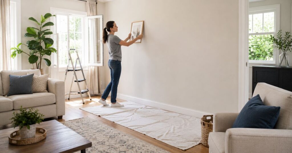 Preparing a room before cleaning painted walls by moving furniture and protecting floors.