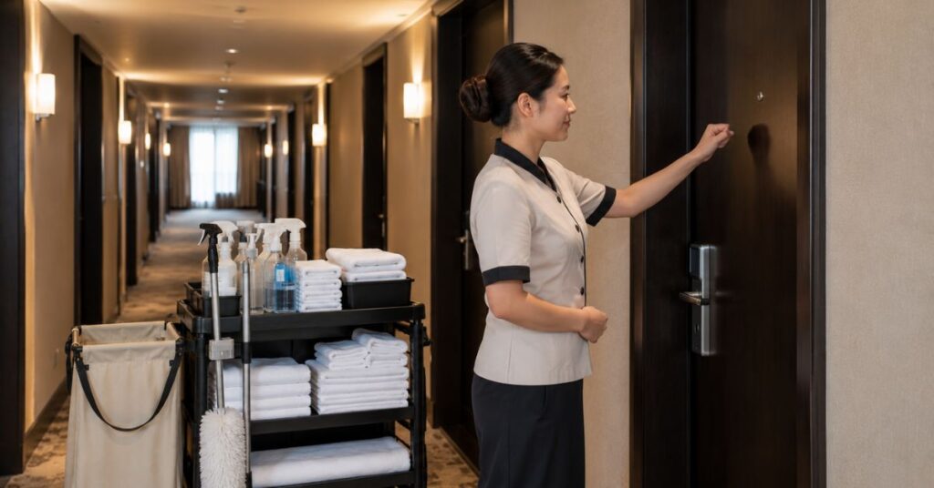 Hotel housekeeper knocking before entering a guest room.
