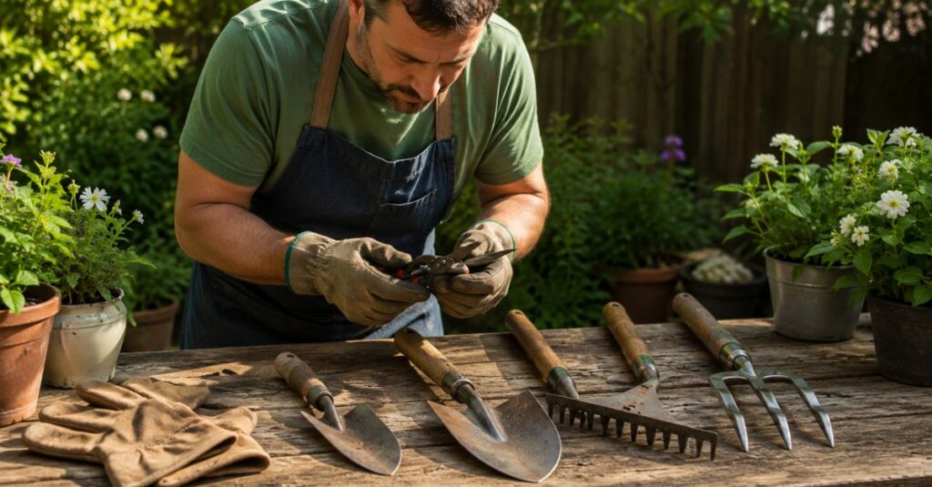 Homeowner inspecting garden tools before cleaning and maintenance