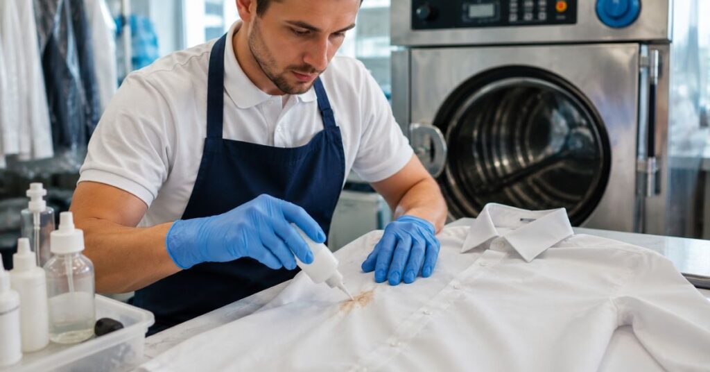 Professional treating a stain before the dry cleaning process.