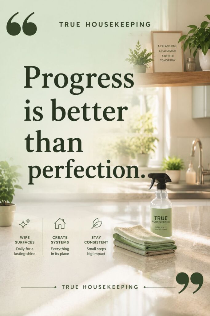 Progress is better than perfection quote displayed in a clean, modern home with a bright, organized, and peaceful interior.
