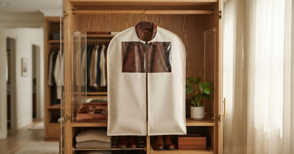 
Proper storage of a leather jacket on a padded hanger inside a wardrobe.
