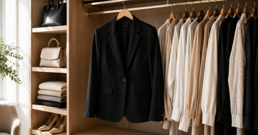 Classic black blazer hanging in a modern organized wardrobe.