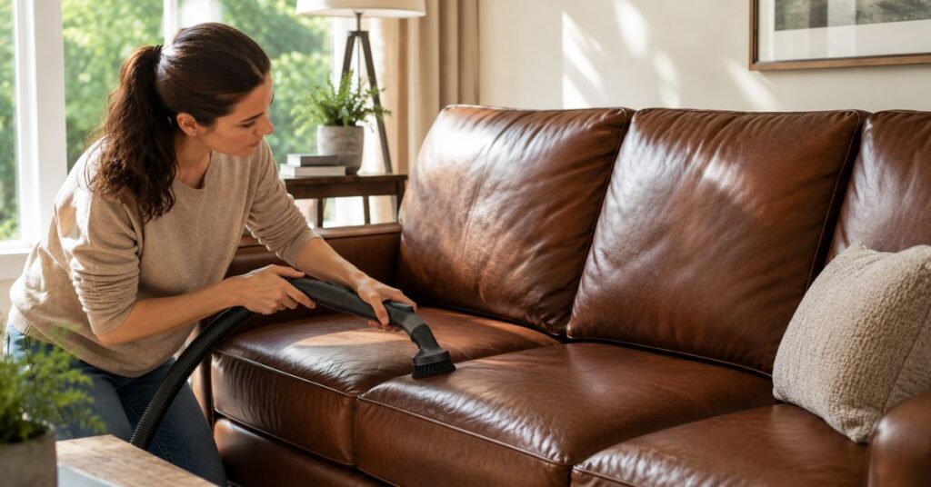 Vacuuming dust and debris from a leather couch before cleaning