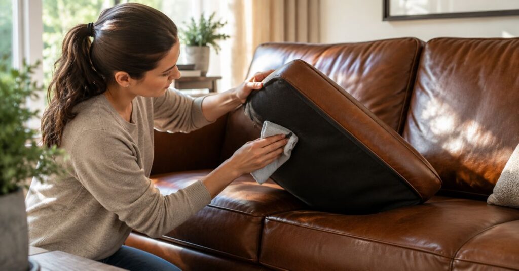 Testing leather cleaner on a hidden section of a leather couch before cleaning