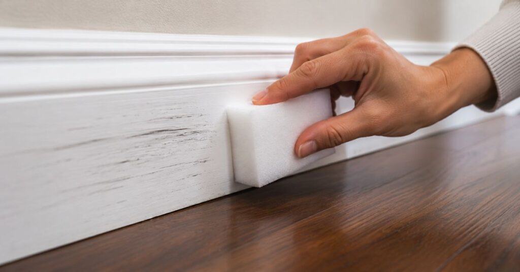 Removing black scuff marks from white baseboards using a damp melamine sponge.