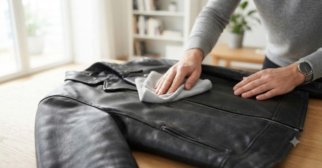 
Person removing dust from a leather jacket using a soft microfiber cloth.

