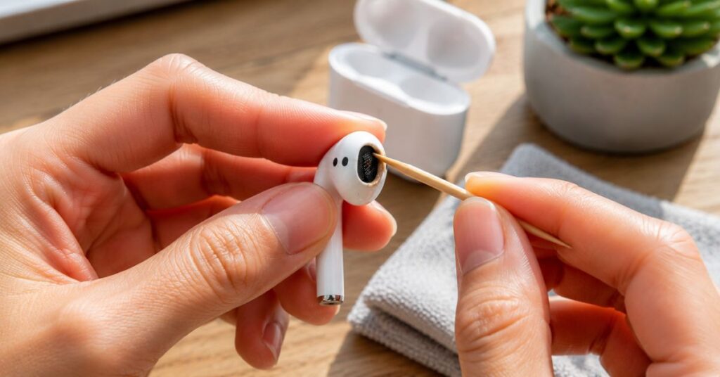 Carefully removing earwax from AirPods speaker mesh.
