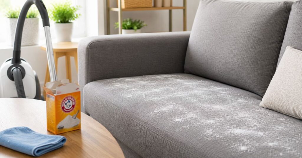 Baking soda sprinkled over a fabric sofa before vacuuming