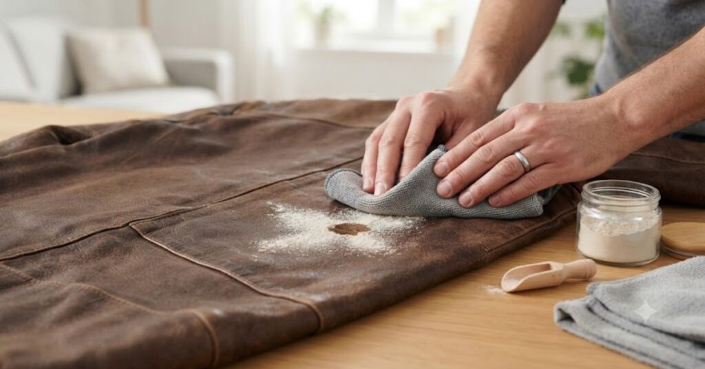 
Removing oil stains from a leather jacket using a gentle cleaning method.
