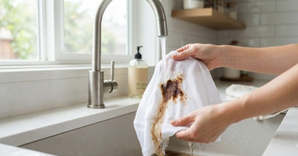 Rinsing a chocolate stain with cold water before cleaning