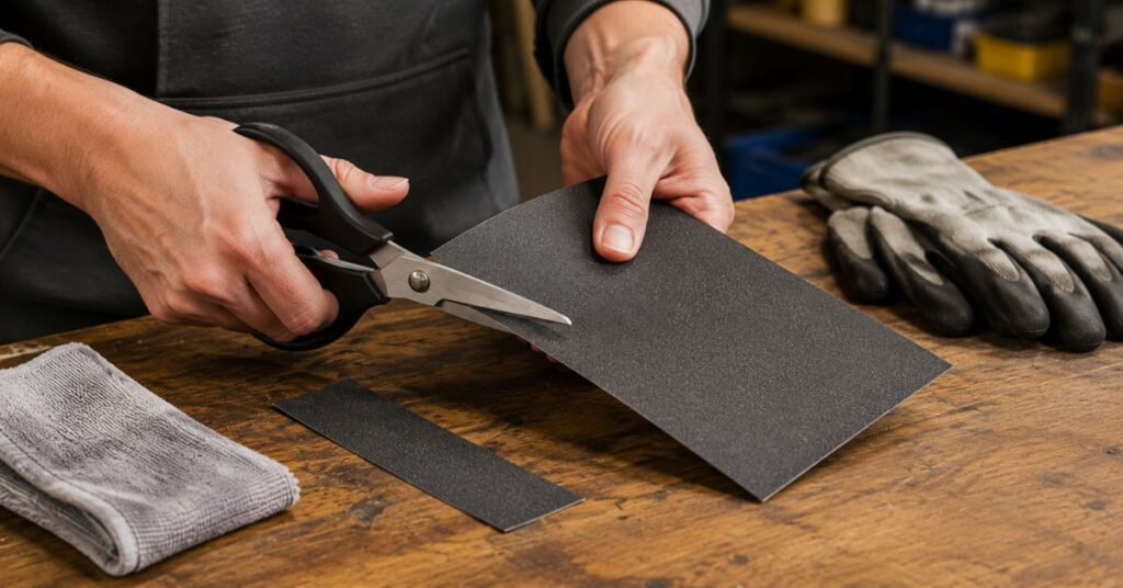 Using fine-grit sandpaper to sharpen dull household scissors