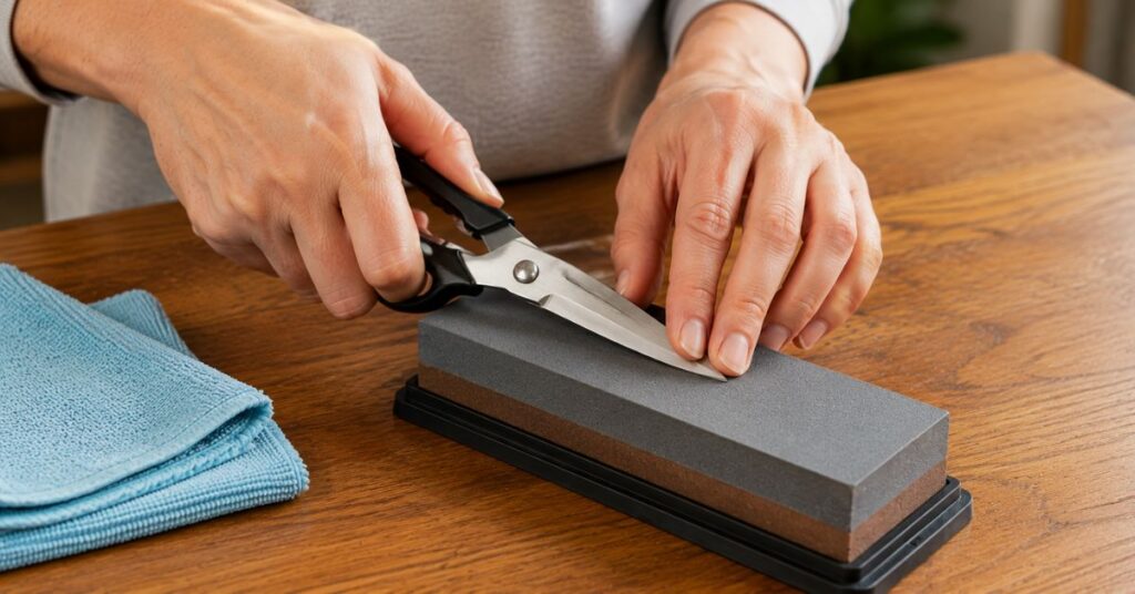 Sharpening scissors with a fine-grit sharpening stone at home