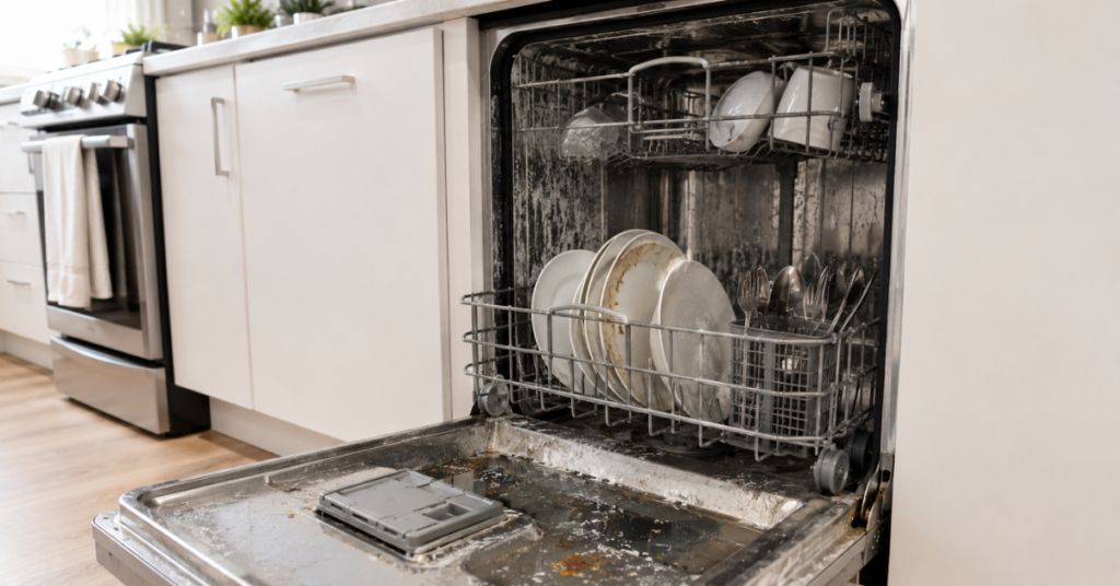 Dishwasher with standing water, food residue, cloudy dishes, and white mineral deposits showing clear signs that it needs cleaning.