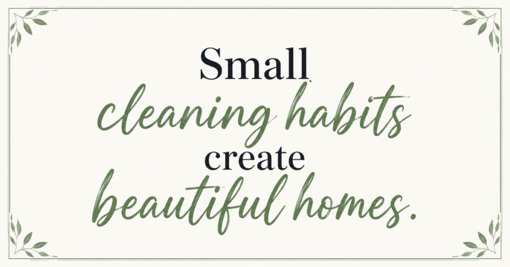 Small cleaning habits create beautiful homes quote displayed in a clean, modern home with a bright, organized, and welcoming interior.