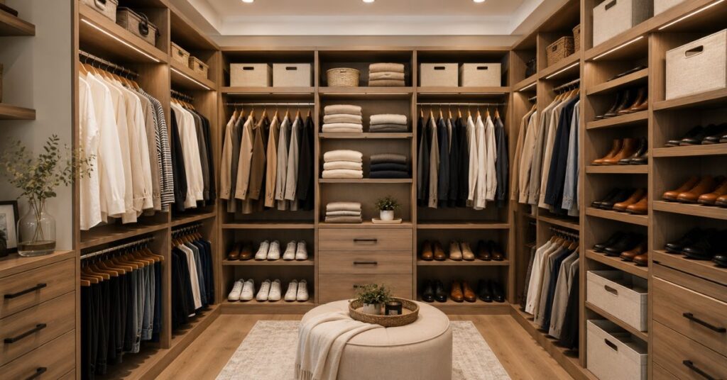 Well-organized walk-in closet with matching hangers and storage bins.