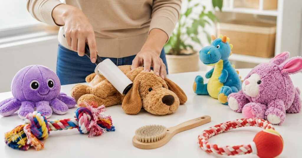 Removing dirt and pet hair from plush dog toys before washing.