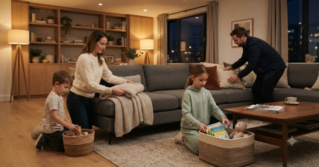 Family spending fifteen minutes organizing their living room before bedtime.