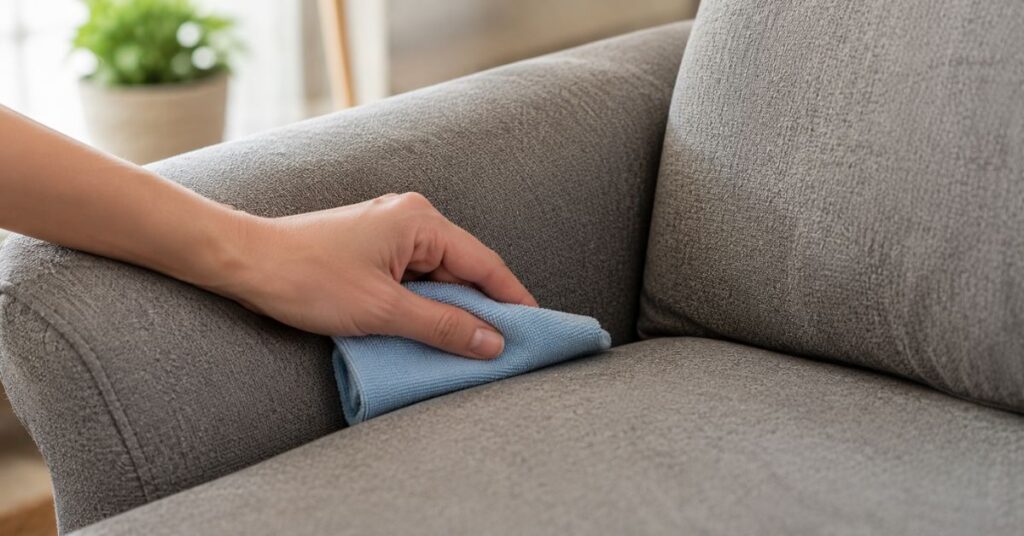 Spot testing a fabric cleaner on the hidden corner of a sofa