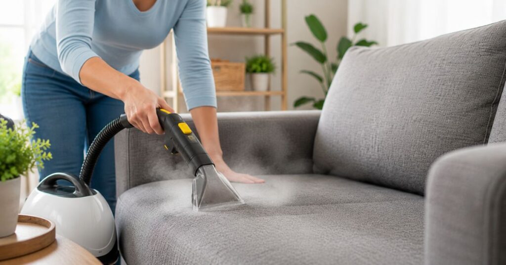 Steam cleaning a fabric sofa with a handheld upholstery steam cleaner
