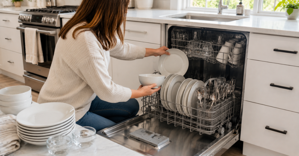 Homeowner emptying a modern stainless steel dishwasher by removing plates, bowls, cups, and utensils before deep cleaning.