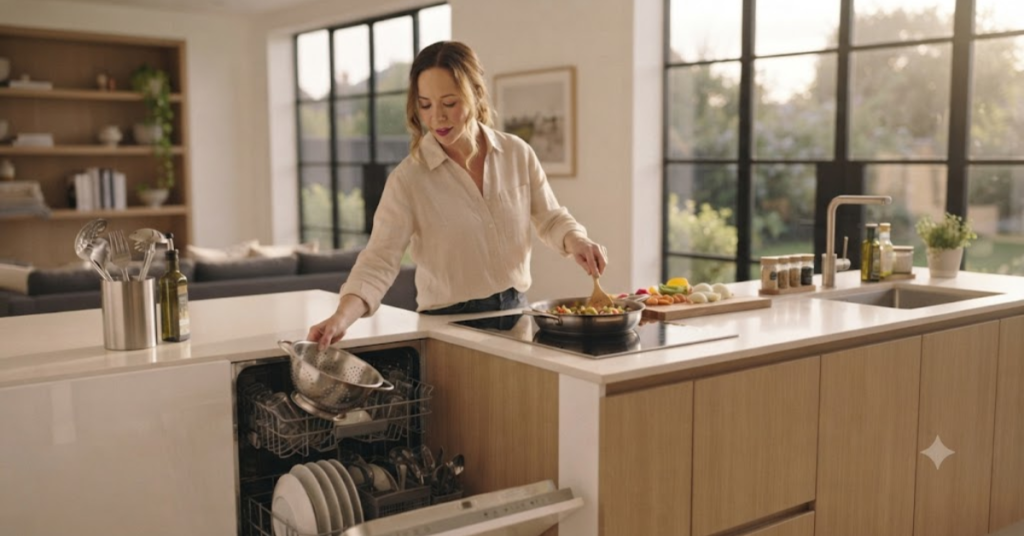 Clean kitchen with dishes loaded into the dishwasher during meal preparation.