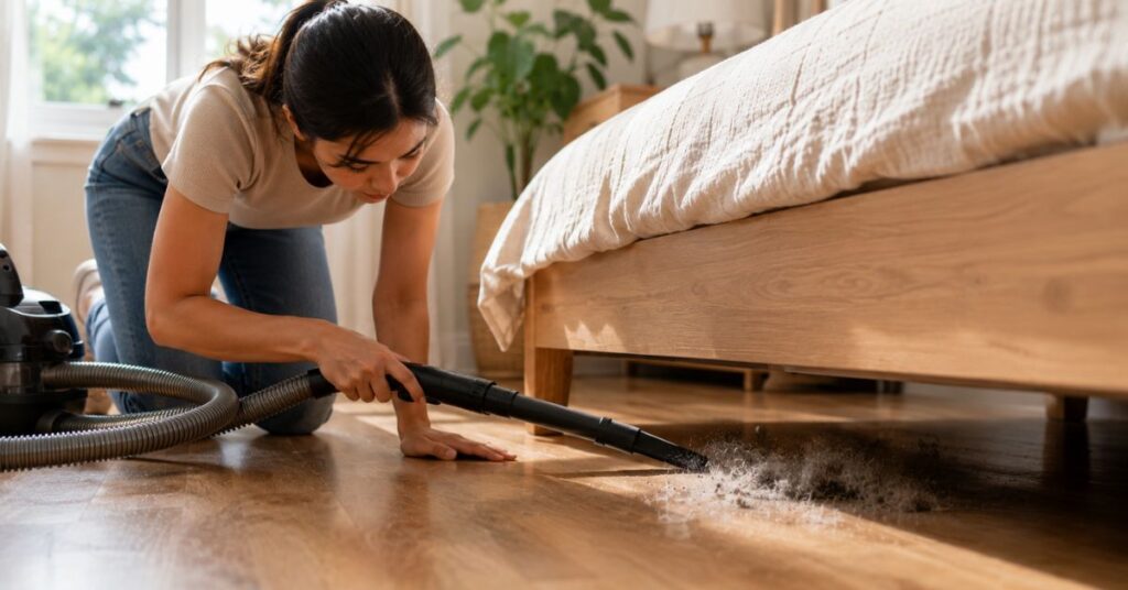 Vacuuming dust under the bed with a crevice tool