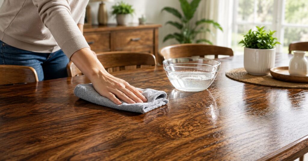 Person cleaning a wooden table safely using a microfiber cloth and mild soap.