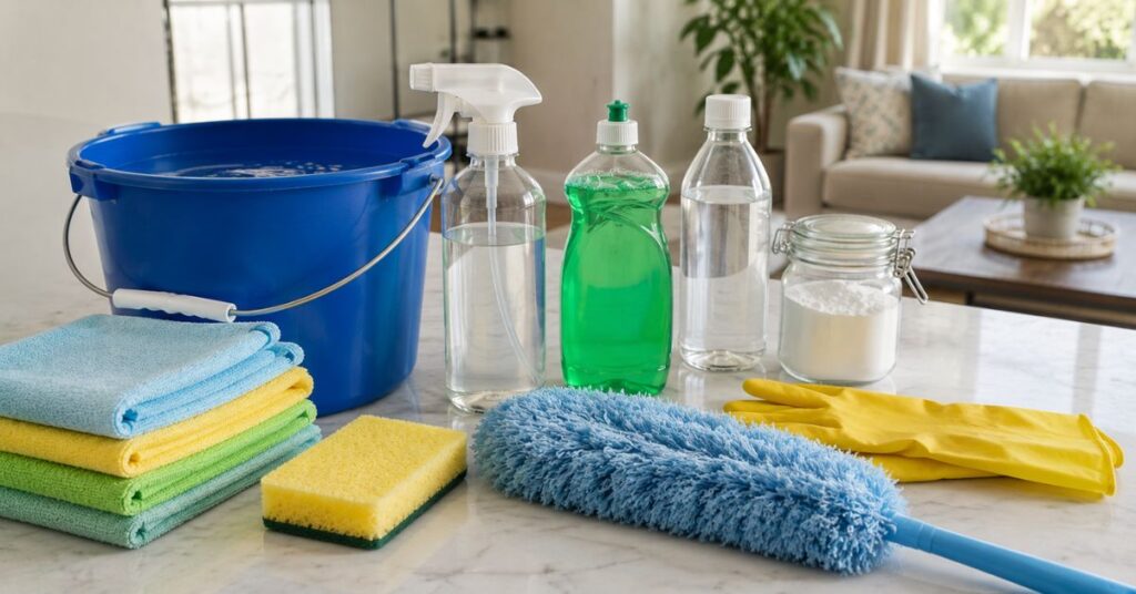 Wall cleaning supplies including microfiber cloths, bucket, sponge, and mild dish soap.