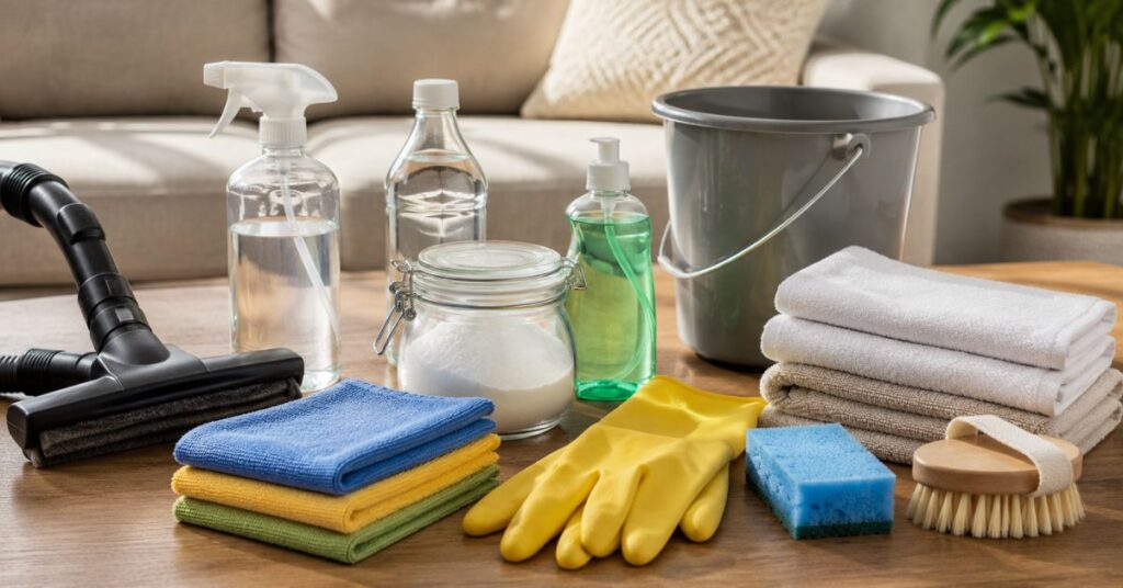 Fabric sofa cleaning supplies arranged neatly on a table