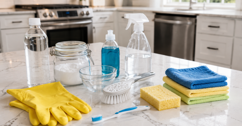 Dishwasher cleaning supplies including white vinegar, baking soda, microfiber cloth, soft brush, dish soap, rubber gloves, and a sponge arranged on a clean kitchen countertop.