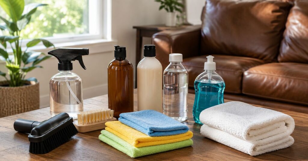 Essential supplies needed to clean a leather couch safely at home
