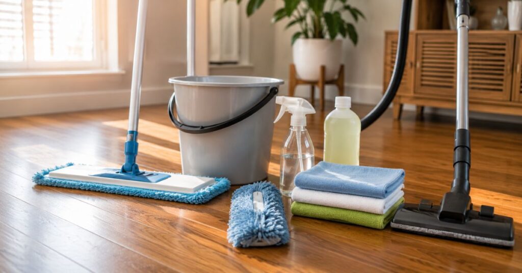 Microfiber mop, vacuum, bucket, microfiber cloths, and mild cleaning supplies for hardwood floor care.