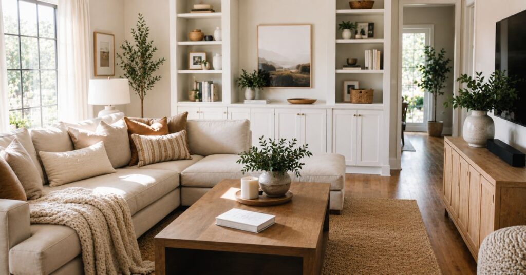 Clean and organized living room with folded blankets and tidy furniture