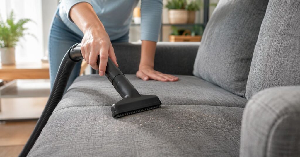 Vacuuming a fabric sofa with an upholstery attachment
