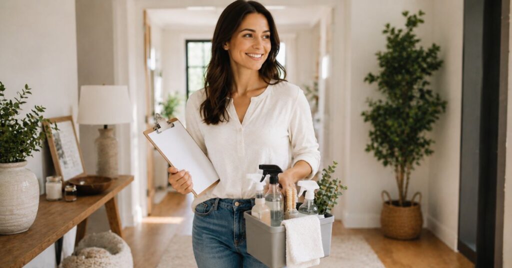 Homeowner checking off a weekly house cleaning checklist while holding cleaning supplies.