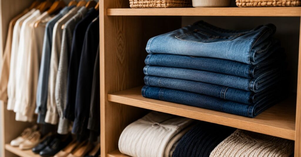 Well-fitted blue jeans neatly folded on wooden closet shelves.