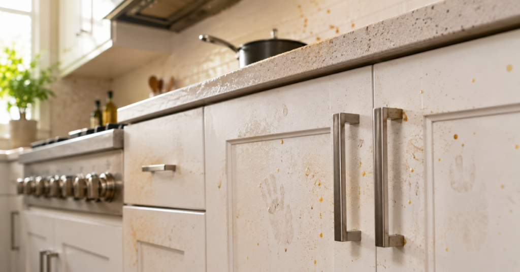 Kitchen cabinets showing grease, dust, fingerprints, and food splatters that commonly cause dirt buildup.