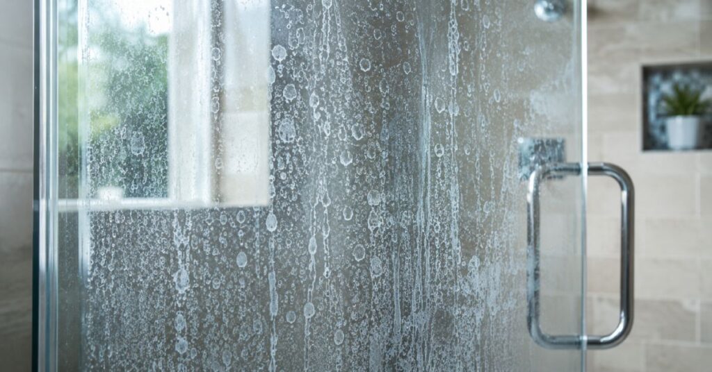 Cloudy hard water stains and mineral deposits on shower glass.
