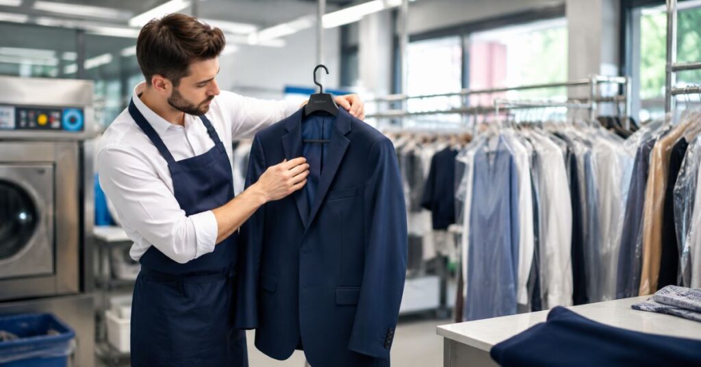 Professional dry cleaner inspecting a business suit before dry cleaning.