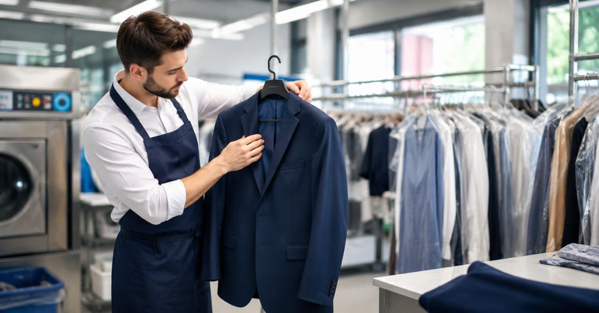 Professional dry cleaner inspecting a business suit before dry cleaning.
