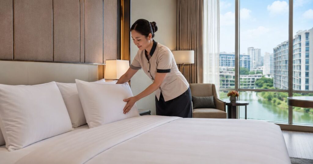 Professional housekeeper making a hotel bed during room cleaning.